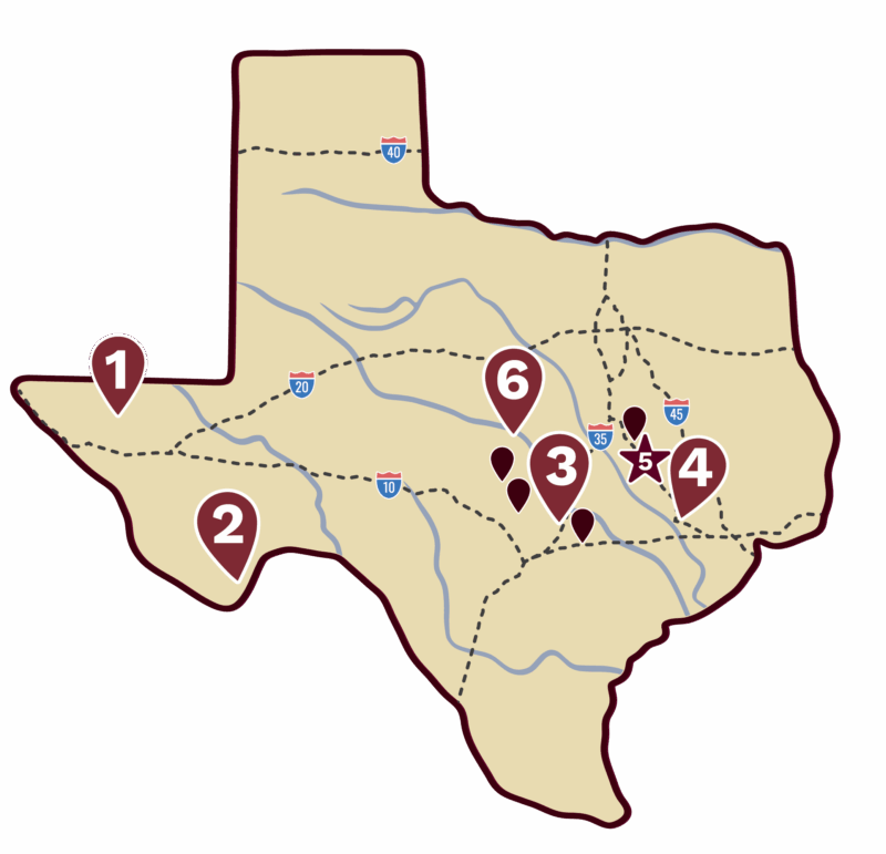 Graphic titled 'Mapping Miles' featuring a stylized map of Texas with various marked locations and routes, set against a black background with wavy white lines. The bottom of the image includes a representation of a road.