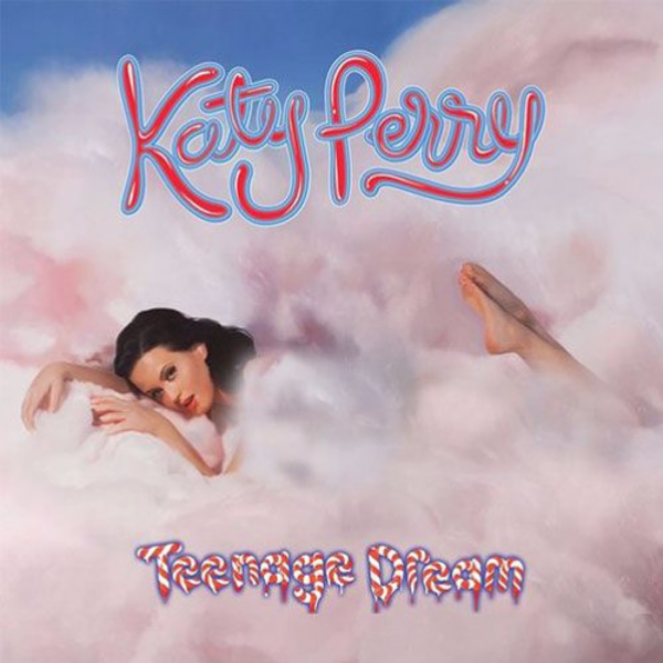 Album cover for "Teenage Dream" by Katy Perry, featuring the artist lying on clouds with the album's title in stylized text above.
