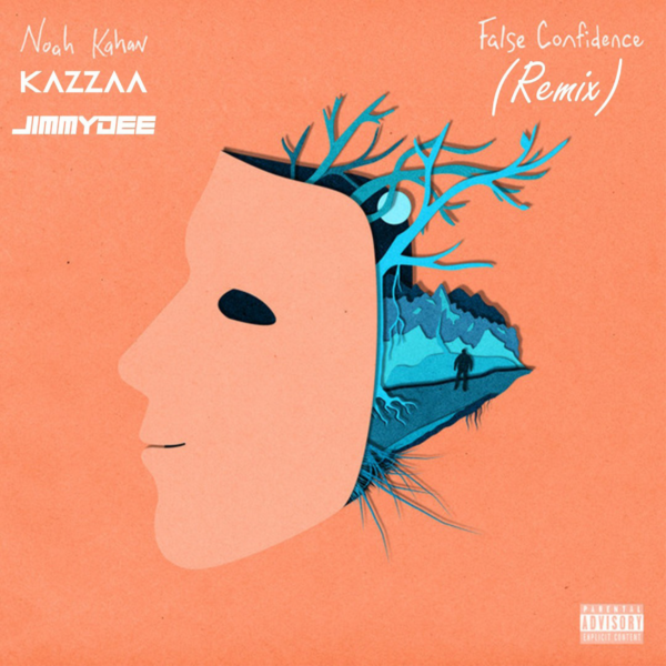 Album cover of "False Confidence (Remix)" by Noah Kahan and Jim Yosef, featuring an illustrated profile of a face with a scenic landscape inside the head, against a pink background.