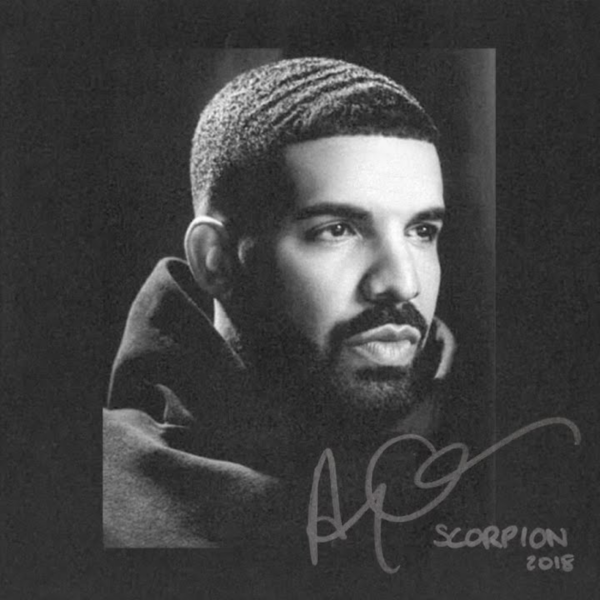Album cover for "Scorpion" by Drake featuring a close-up portrait in black and white, with Drake’s autograph at the bottom.