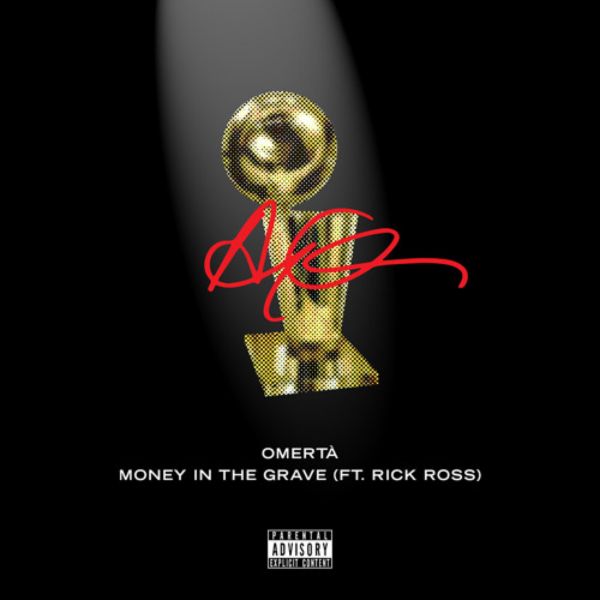 Album cover for "Omertà/Money In The Grave" by Drake featuring Rick Ross, featuring a gold sculpture on a black background with red signature overlay.