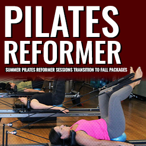 Promotional image for Pilates Reformer fall packages, featuring an individual using a Pilates reformer machine in a gym setting.