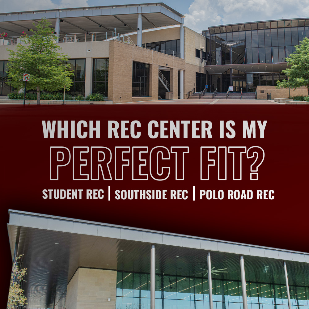 Promotional image for a recreational center comparison featuring the Student Rec, Southside Rec, and Polo Road Rec, with a clear view of a modern building facade in the background.