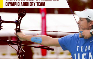 Trenton Cowles is holding his bow and arrow playing archery, competing to be on the United States Olympic Archery Team. With text over the top that states: Trenton Cowles '24 makes U.S. Olympic Archery Team.