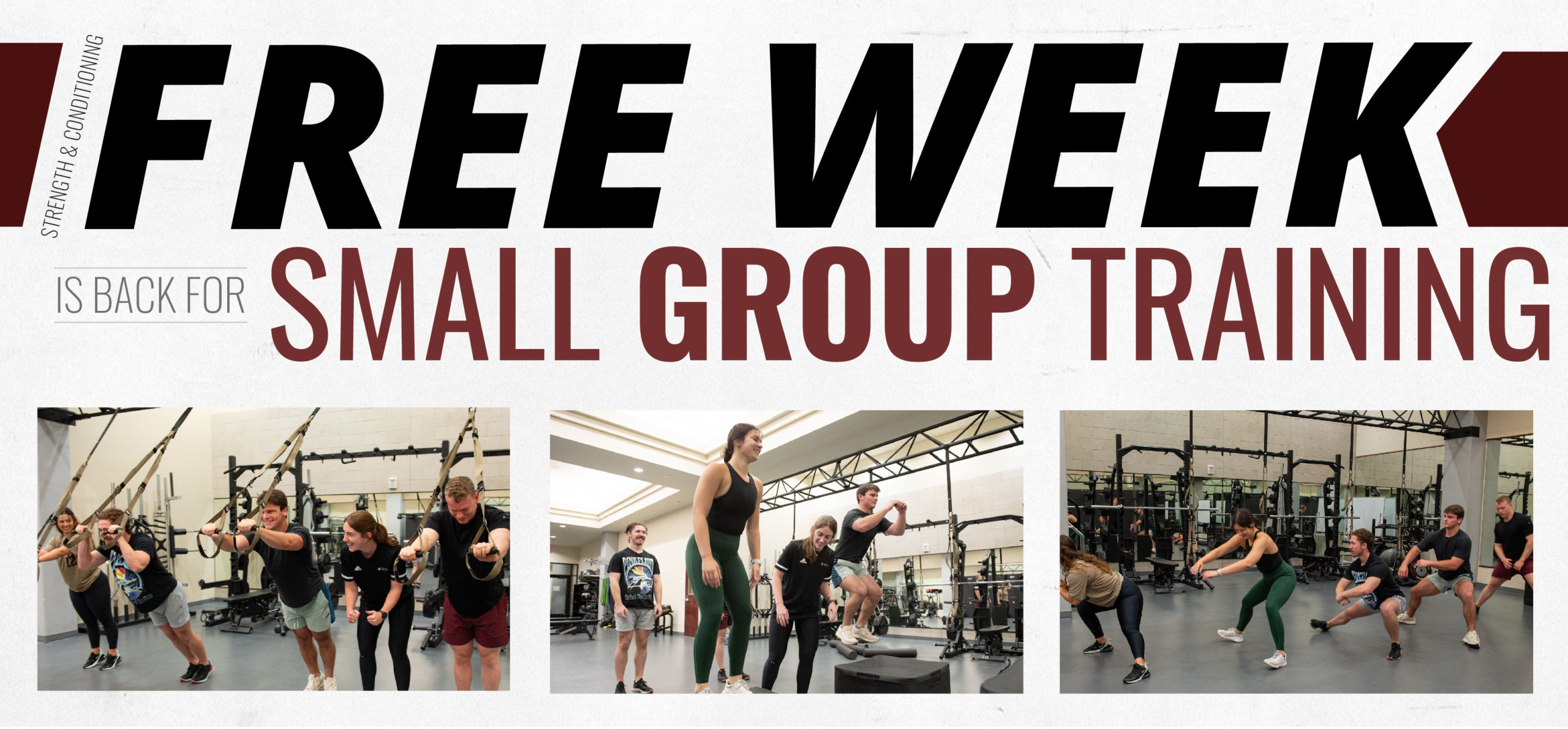 Banner reading 'FREE WEEK SMALL GROUP TRAINING is back for' featuring three images of individuals participating in different exercise activities in a gym environment.