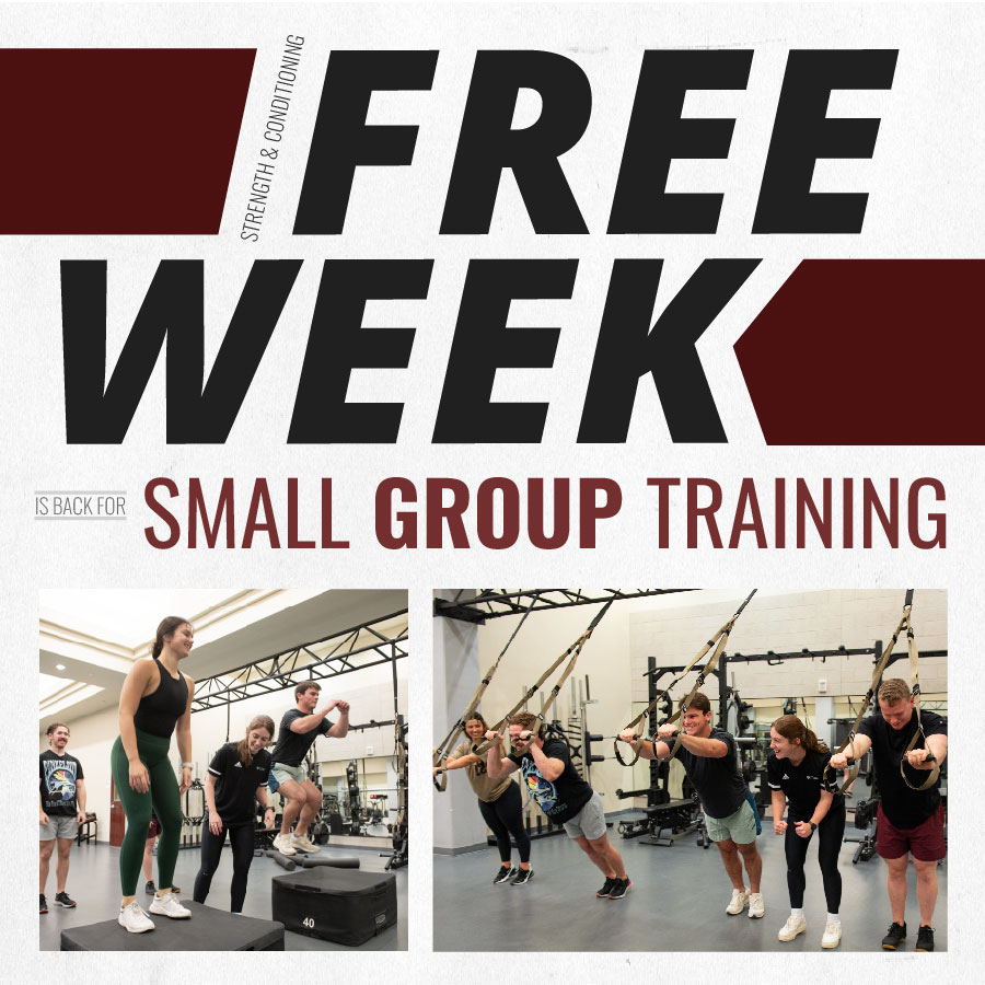 Banner reading 'FREE WEEK SMALL GROUP TRAINING is back for' featuring three images of individuals participating in different exercise activities in a gym environment.