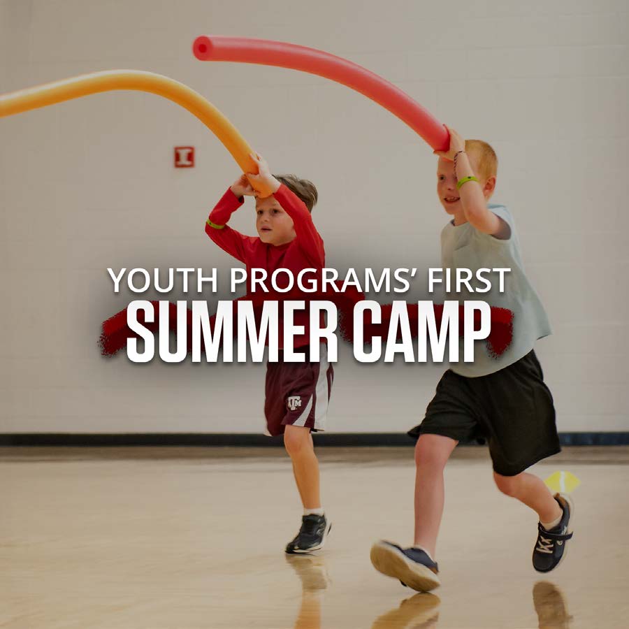 Two kids are playing a game at the Rec Sports Youth Summer Camp. In the center of the image it states "Youth Programs First Summer Camp."