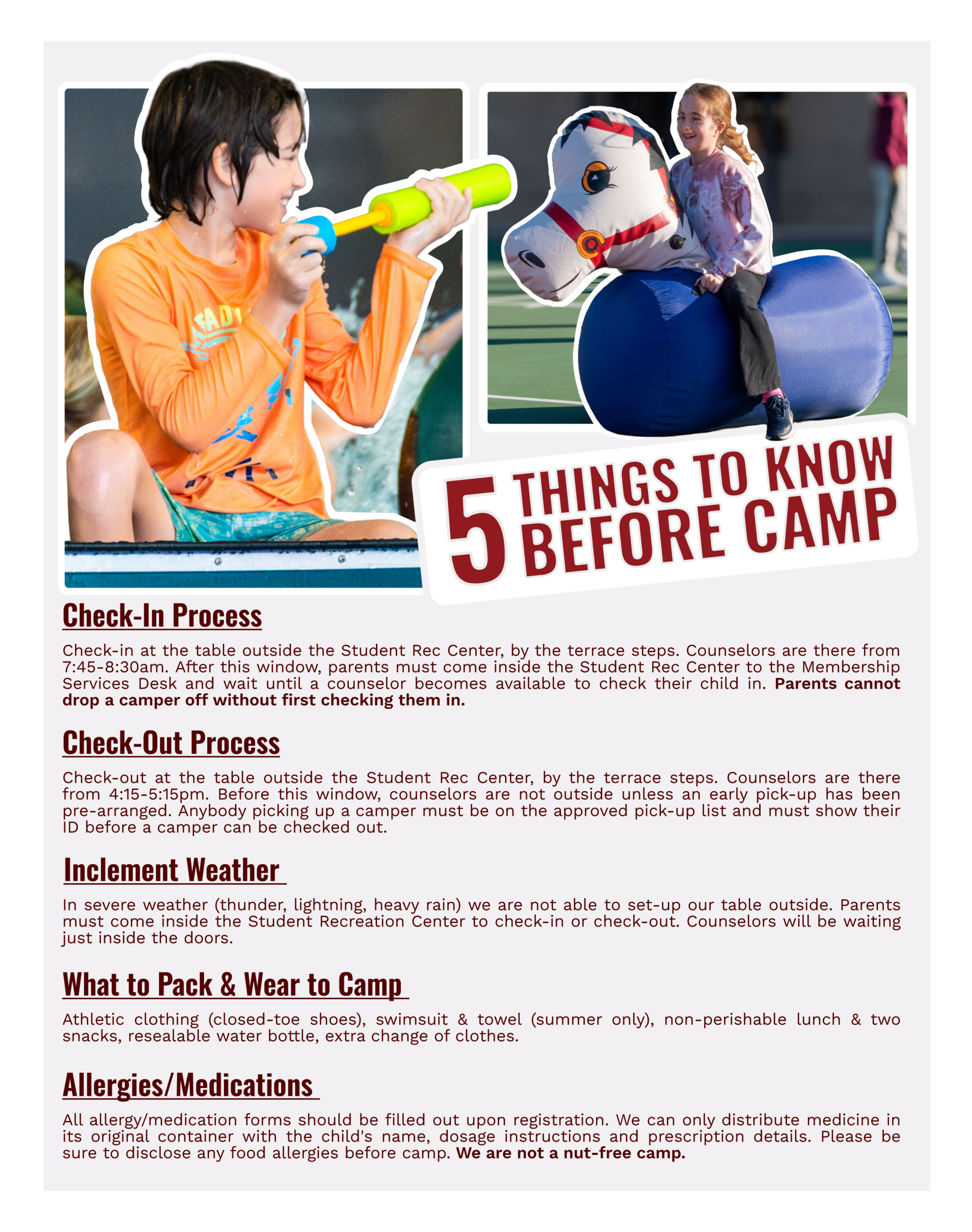 Graphic titled “5 Things to Know Before Camp” featuring photos of children playing with water toys and riding an inflatable horse. The graphic includes sections outlining check-in and check-out procedures, inclement weather plans, what to pack and wear to camp, and information about allergies and medications.