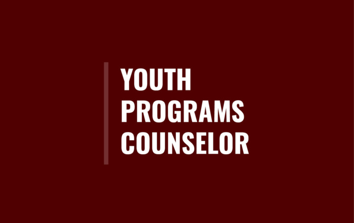 Graphic with maroon background and white bold text reading “Youth Programs Counselor” with a vertical maroon line to the left of the text.