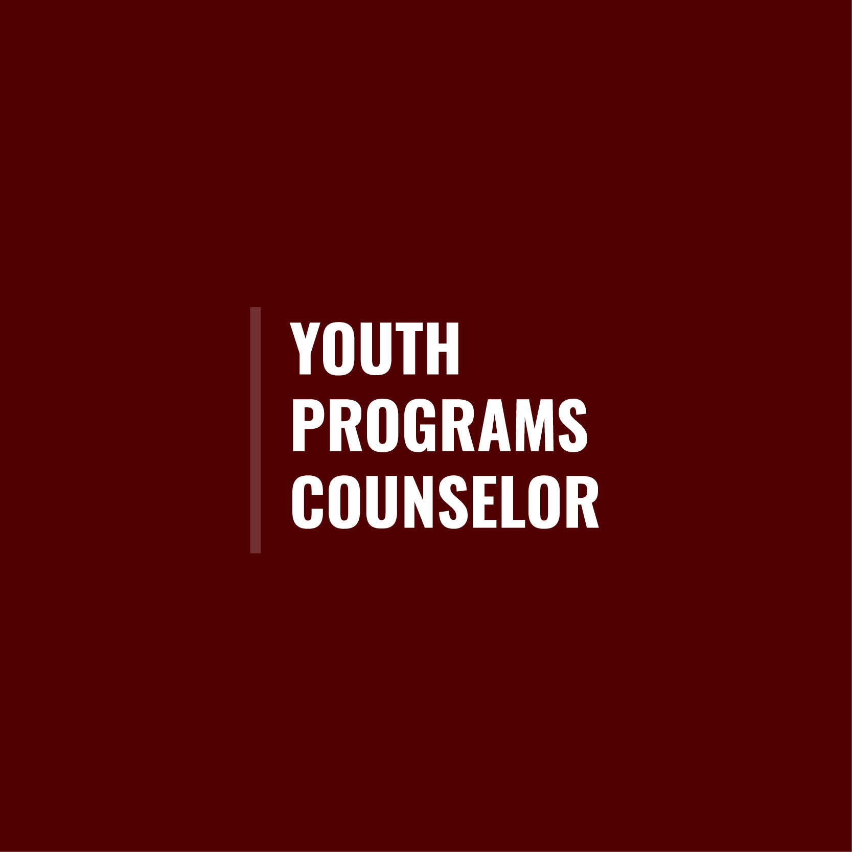 Graphic with maroon background and white bold text reading “Youth Programs Counselor” with a vertical maroon line to the left of the text.