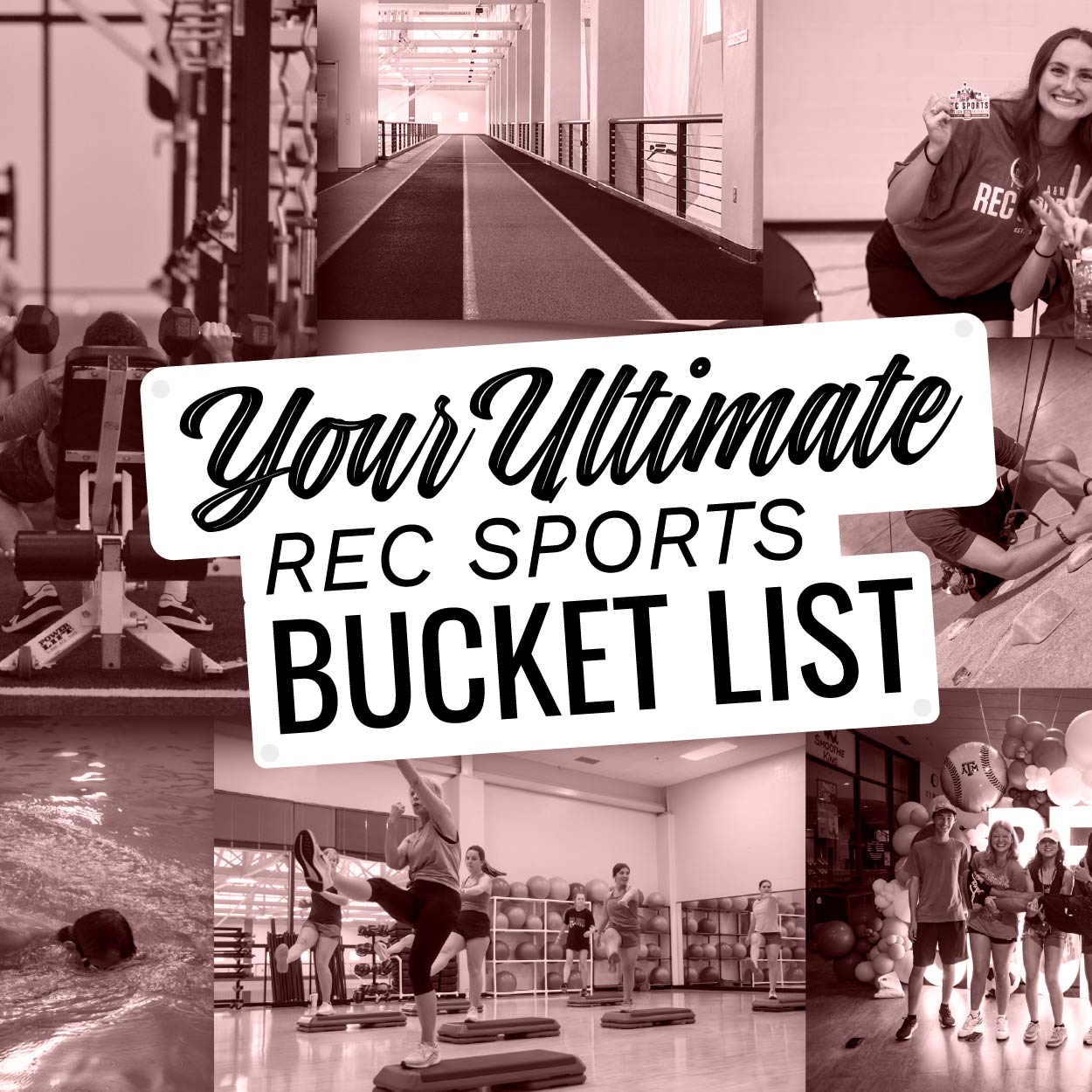 Promotional image featuring the text "Your Ultimate REC Sports Bucket List" in bold white lettering on a red banner, with a blurred background of various sports activities.