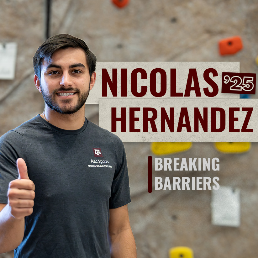 Nicolas Hernandez standing in a climbing gym, wearing a Rec Sports Outdoor Adventures shirt, giving a thumbs-up. Text overlay states 'NICOLAS '25 HERNANDEZ Breaking Barriers'.